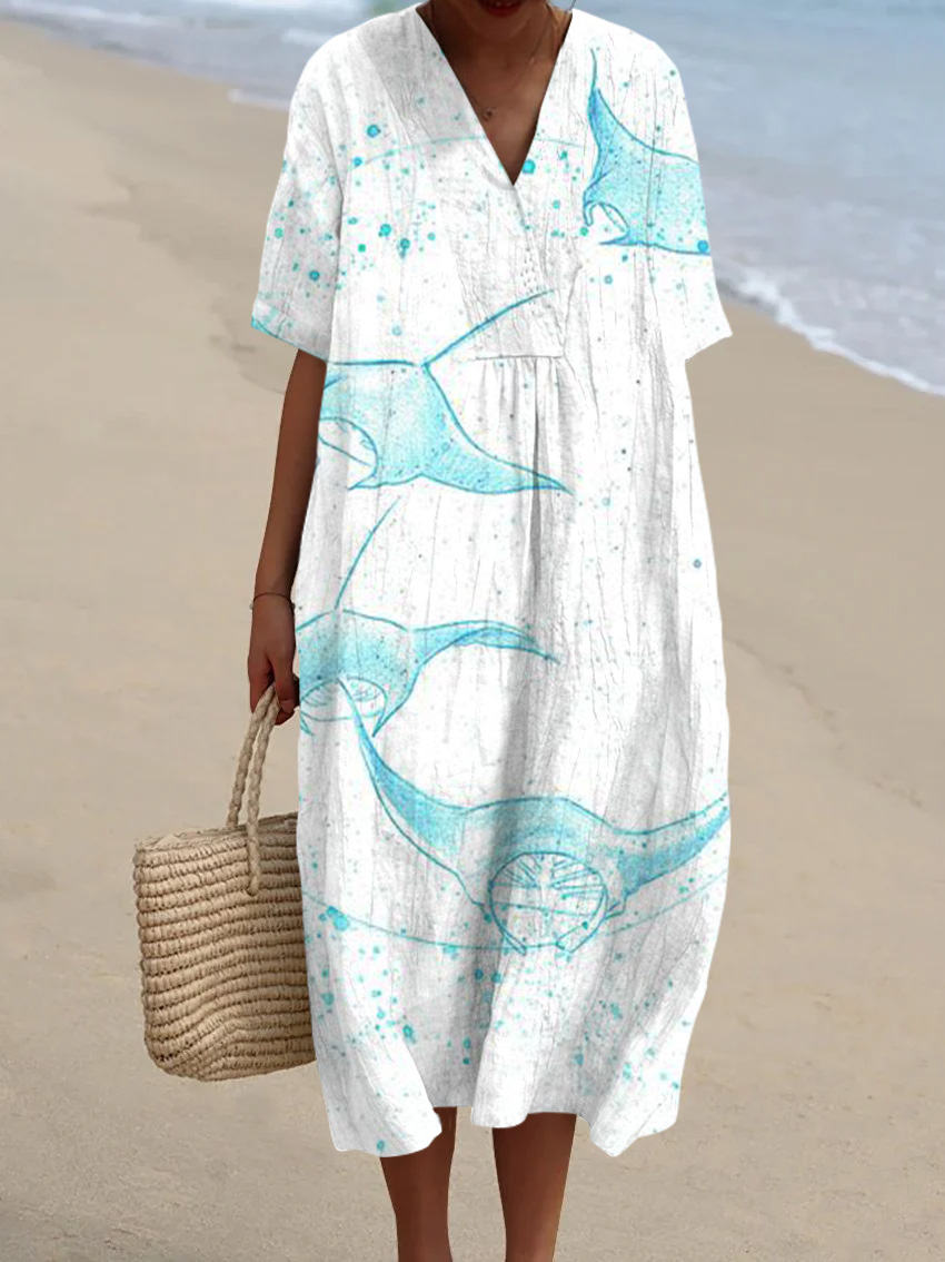Ocean Manta Ray Loose V-neck Midi Dress
