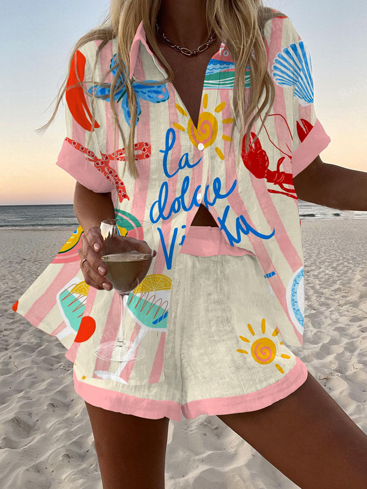 Seaside Holiday Striped Print Shirt & Shorts Two-Piece Set