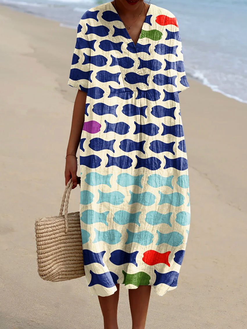 Women's Vintage Ocean Fish Art Print Flowy Dress