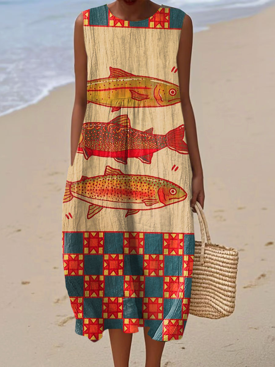 Women's Fish Vintage Art Print Sleeveless Cotton Pocket Wrap Dress