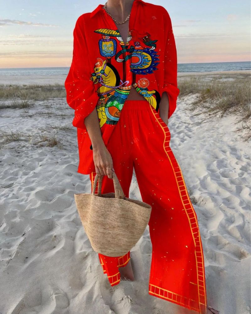 Horse print shirt and trousers two-piece set