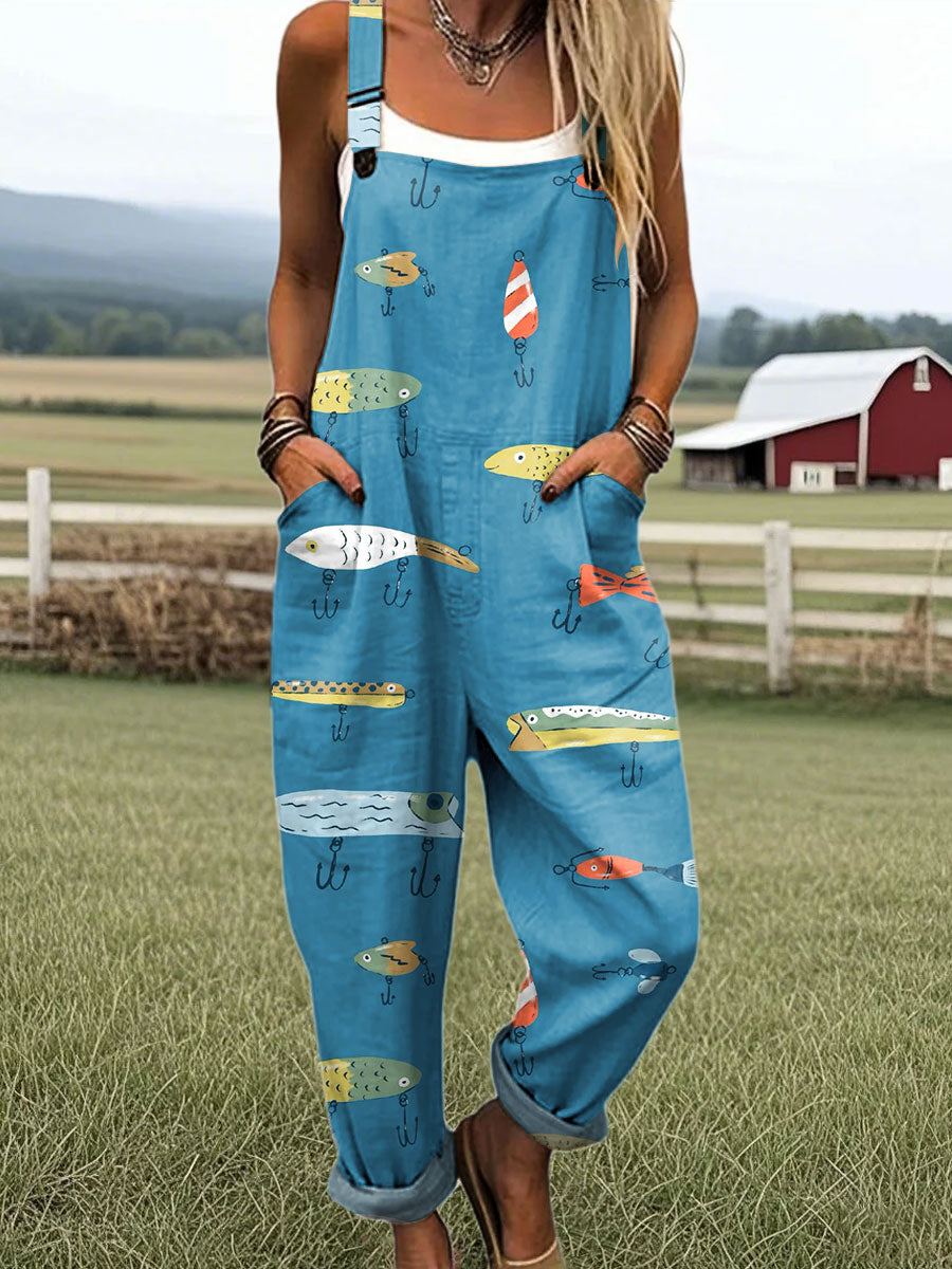 Women's Funny Fish Art Print Casual 100% Cotton Wide Leg Jumpsuit