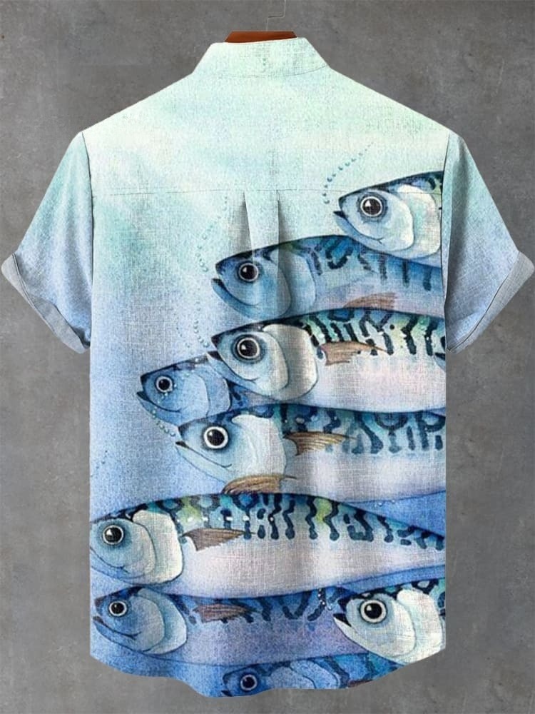 Small Blue Fish Vintage Print Casual Shirt