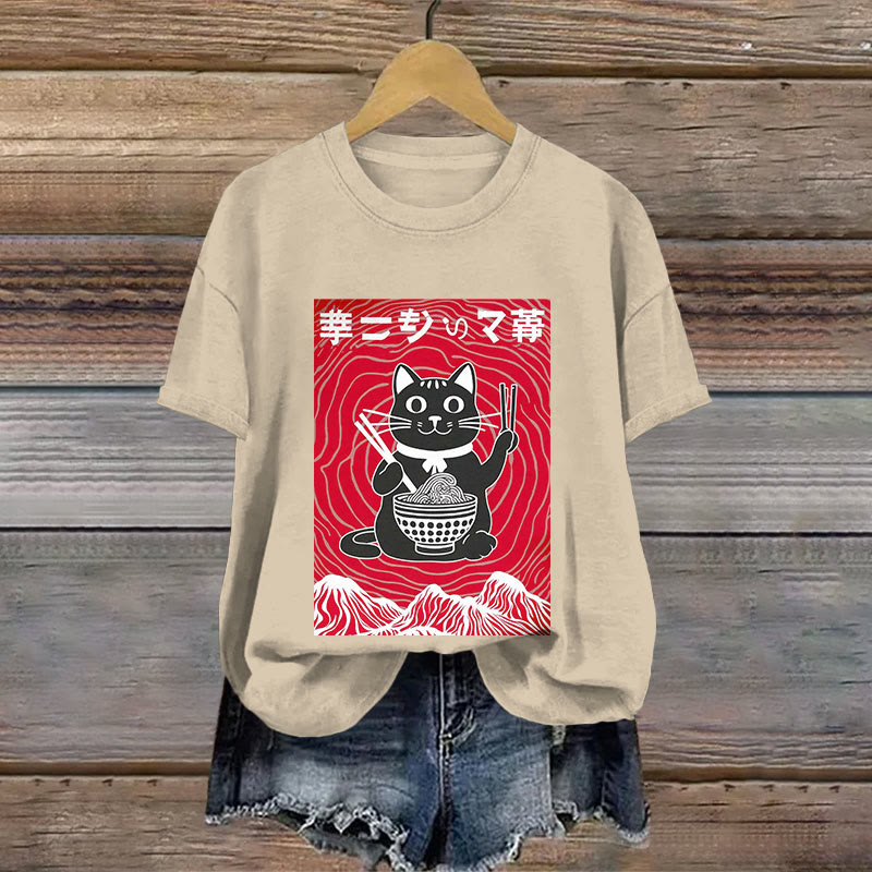 Cotton Retro Japanese Ramen And Cat Print T-shirt