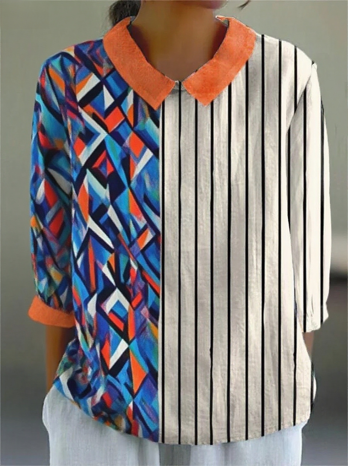 Women’s Colorful Patchwork Striped 3/4 Sleeve Shirt