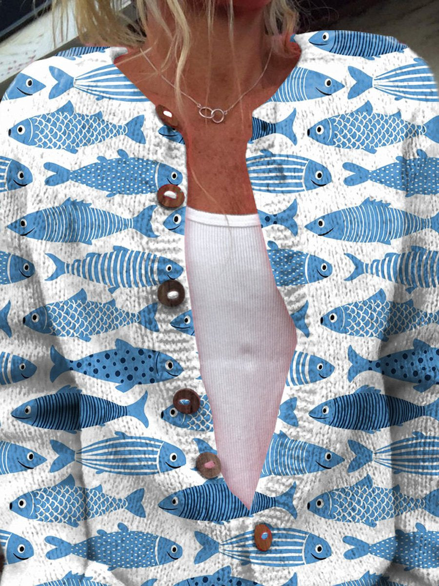Happy Sea Fish Pattern Print Buttoned Cardigan Sweater