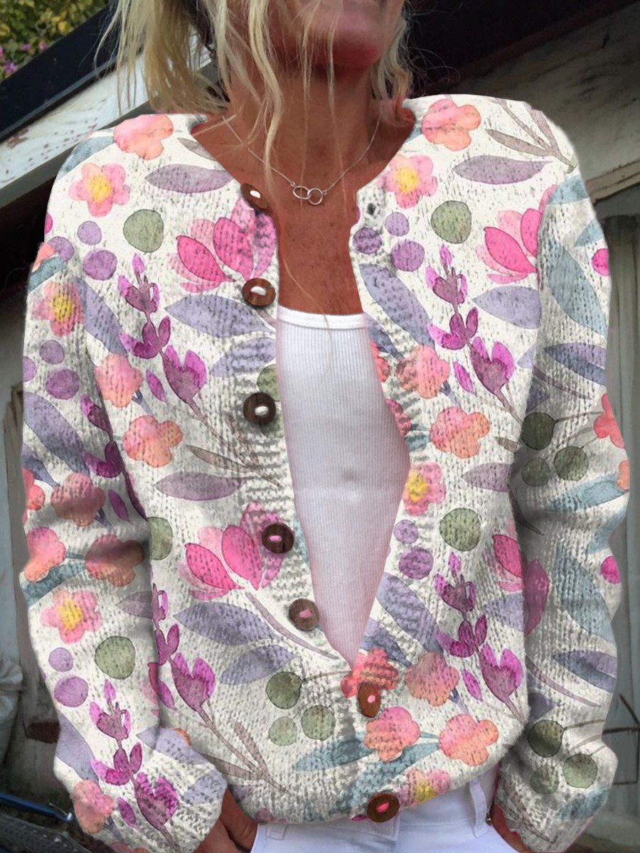 Fresh Pink Flowers Print Buttoned Cardigan Sweater