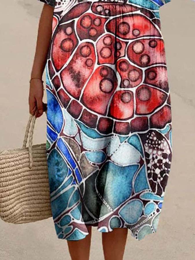 Women's Sea Turtle Colorblock Print Casual Cotton And Linen Dress