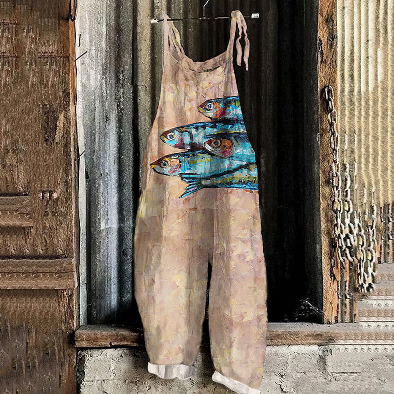 Retro Sardinas Fish Art Print Linen Loose Casual Jumpsuit