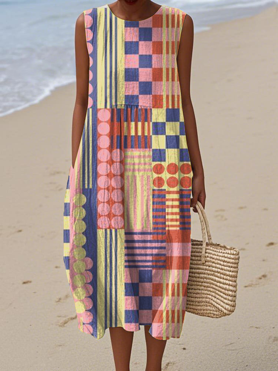 Women's Colourful Art Geometry Print Sleeveless Cotton Pocket Wrap Dress