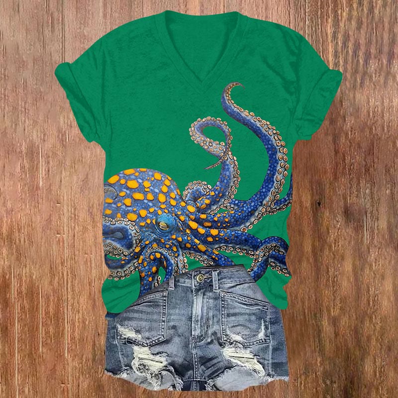 Vintage Yellow Dots Octopus Print V-neck T-shirt