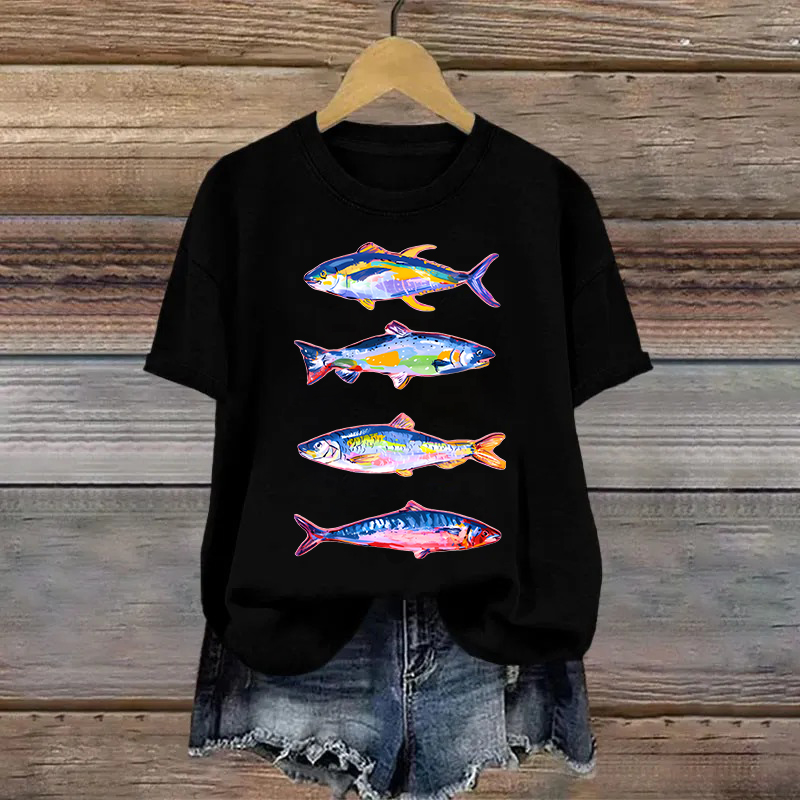 Cotton Colorful Cartoon Fish Printed T-shirt