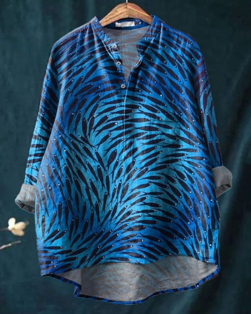 Sardine Fish Swarm Pattern Printed Women's Casual Long Sleeve Comfortable Cotton Shirt