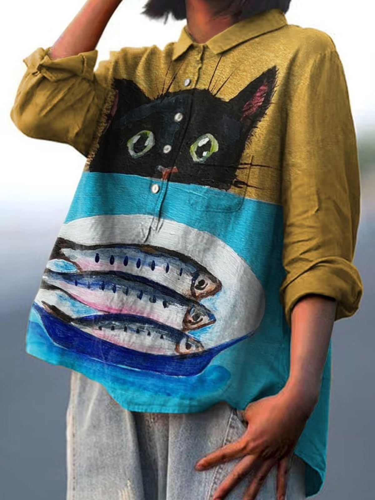 Decorative Pattern of Little Black Cat Peeking At The Fish On The Plate Casual Cotton And Linen Shirt