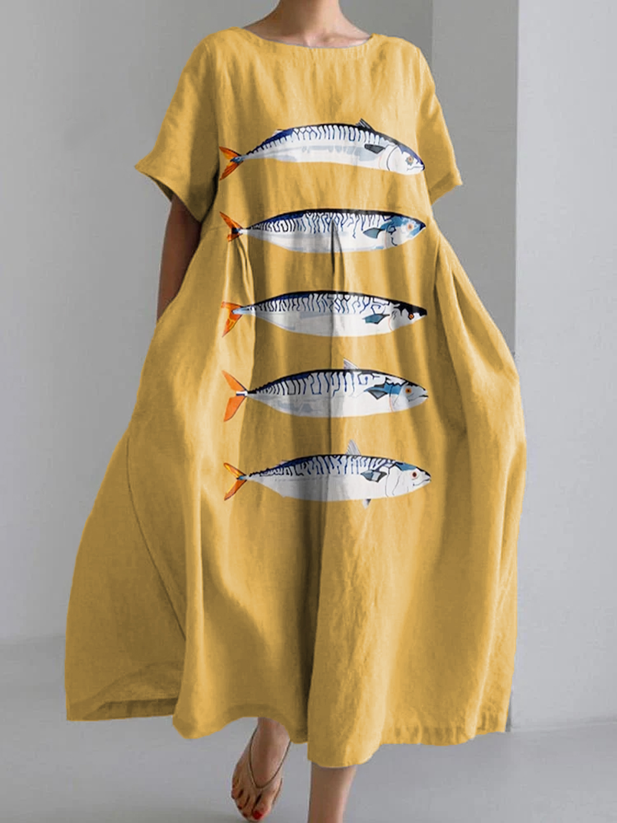 Women's Large Size Sardines Art Print Loose Elegant Linen Casual Dress