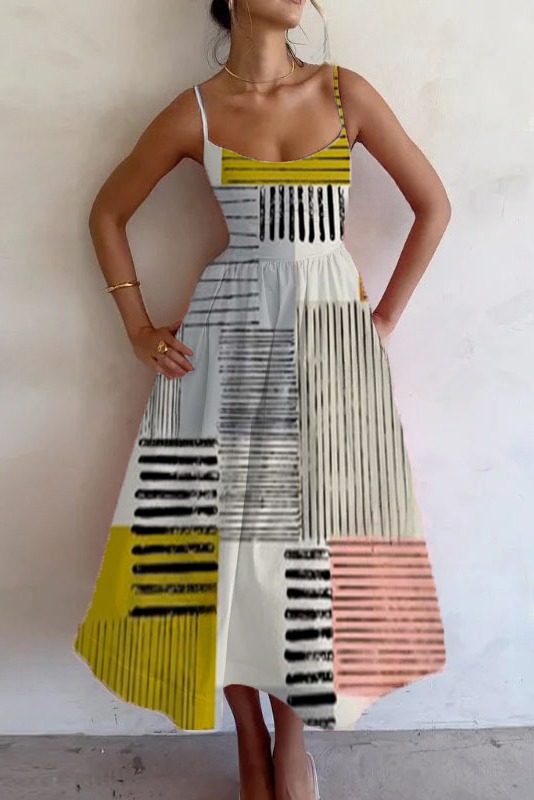 Geometric color block print midi dress