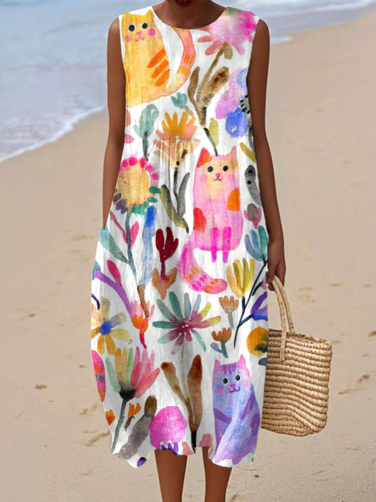 Women's Vintage Floral Cat Art Print Sleeveless Wrap Dress