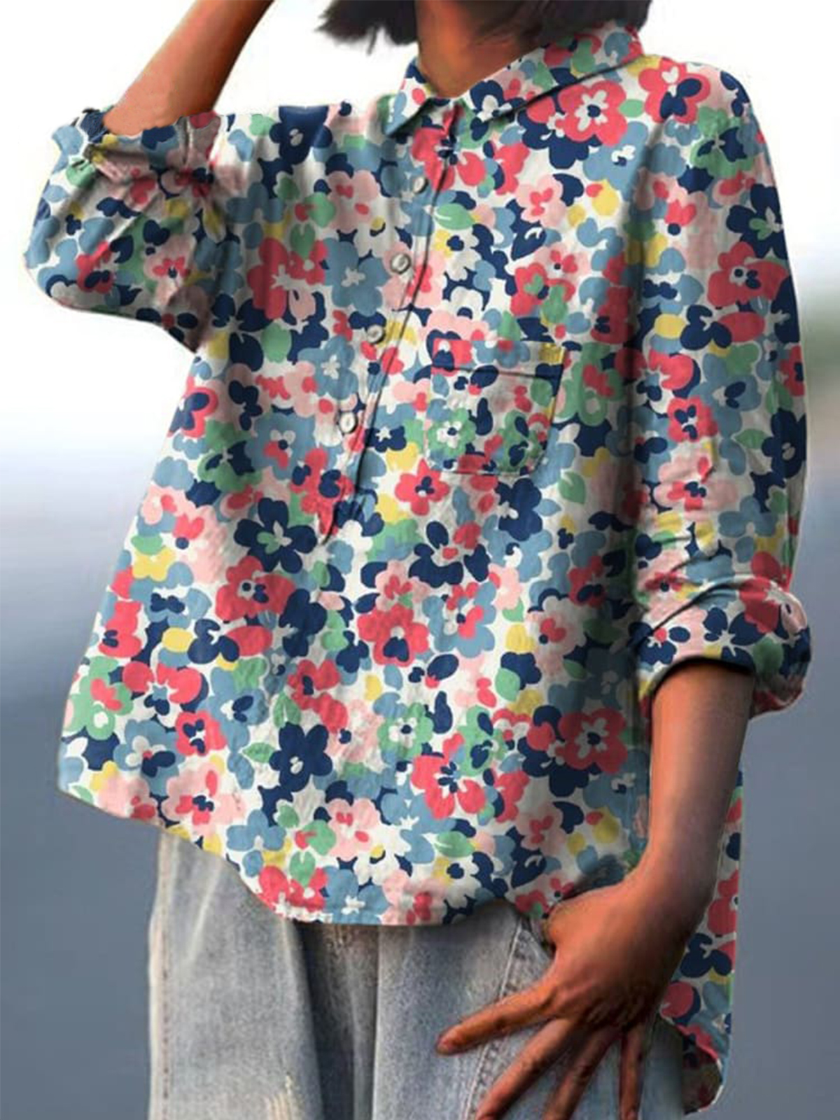 Women's Colorful Hand-painted Floral Print Casual Cotton And Linen Shirt