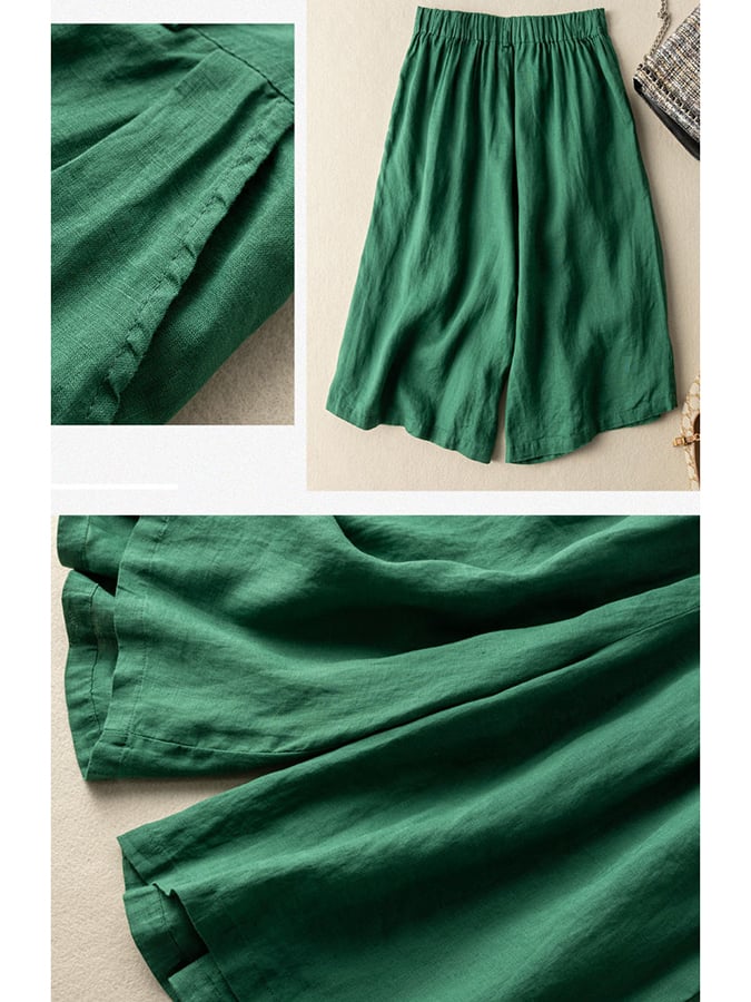 Cotton Thin Half Elastic Cropped Wide Leg Trousers