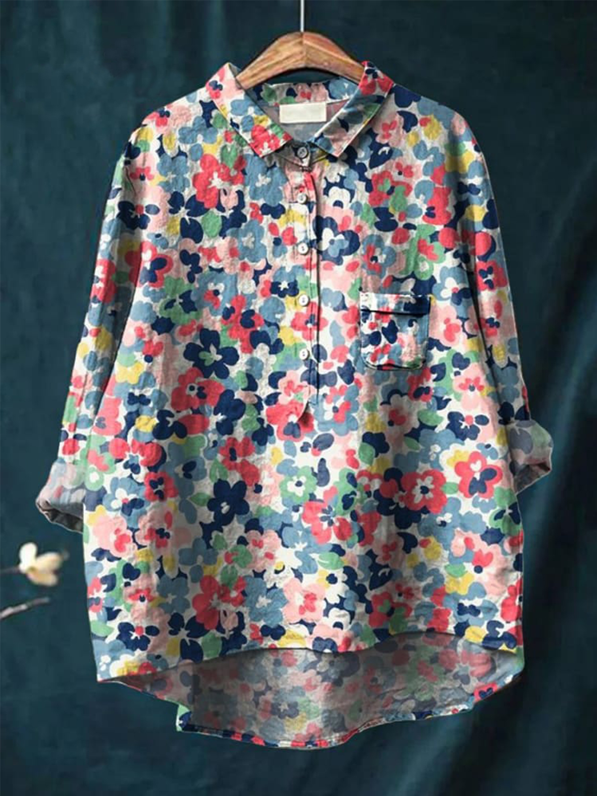 Women's Colorful Hand-painted Floral Print Casual Cotton And Linen Shirt