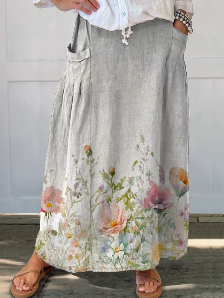 Women's Lovely Watercolor Floral Art Print Casual Linen Pocket Skirt