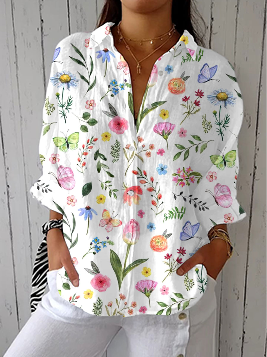Women's  Vintage Flower Art Print Casual V-neck Shirt
