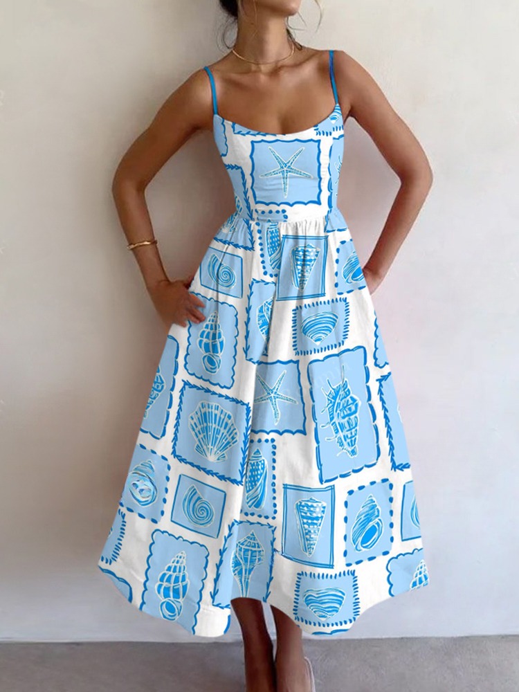 Summer Shell Print Sling Dress