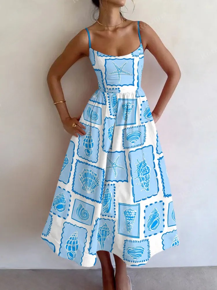 Summer Shell Print Sling Dress