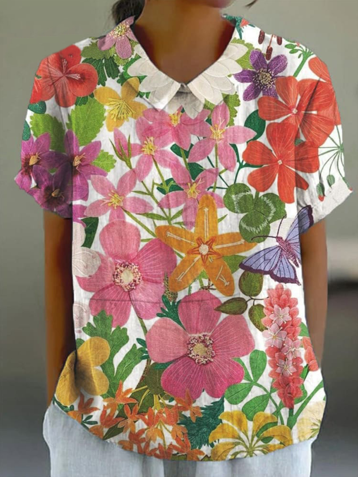 Women's Cute Colorful Floral Pattern Print Casual Cotton and Linen Shirt