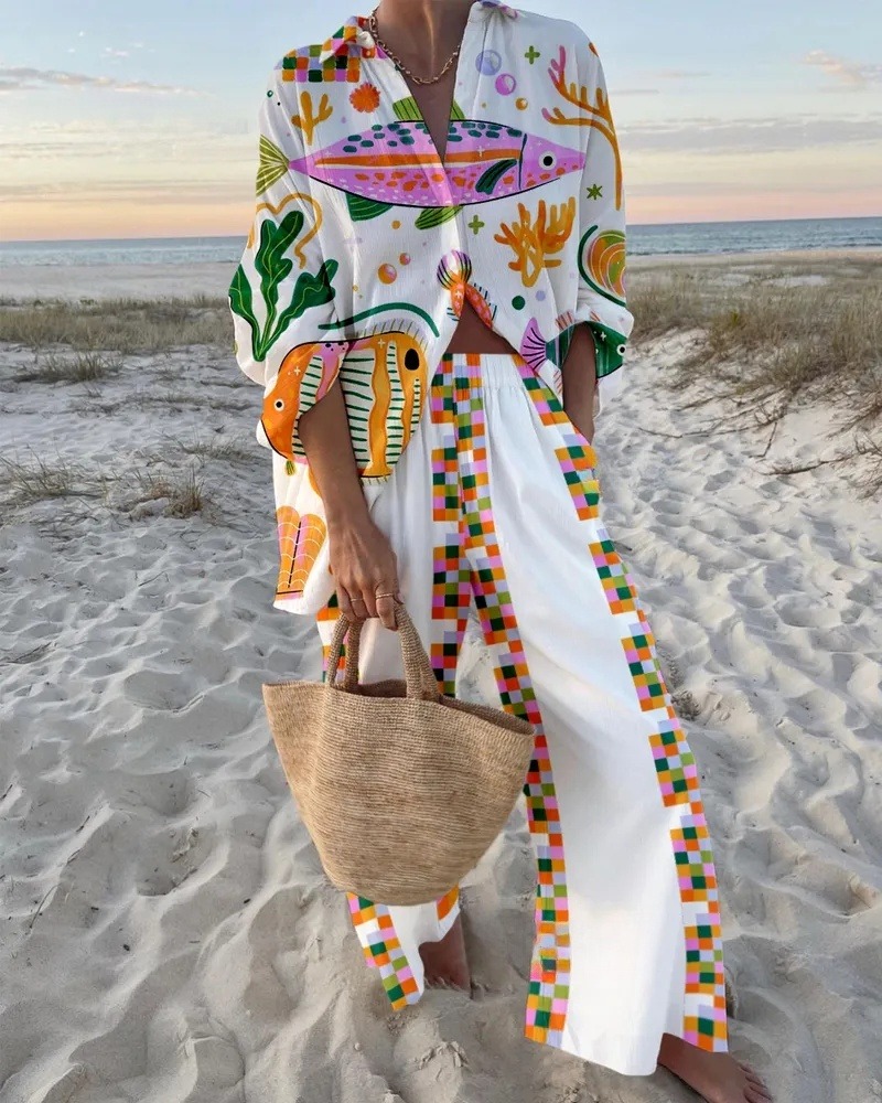 Underwater World Printed Shirt & Plaid Pants Two-Piece Set