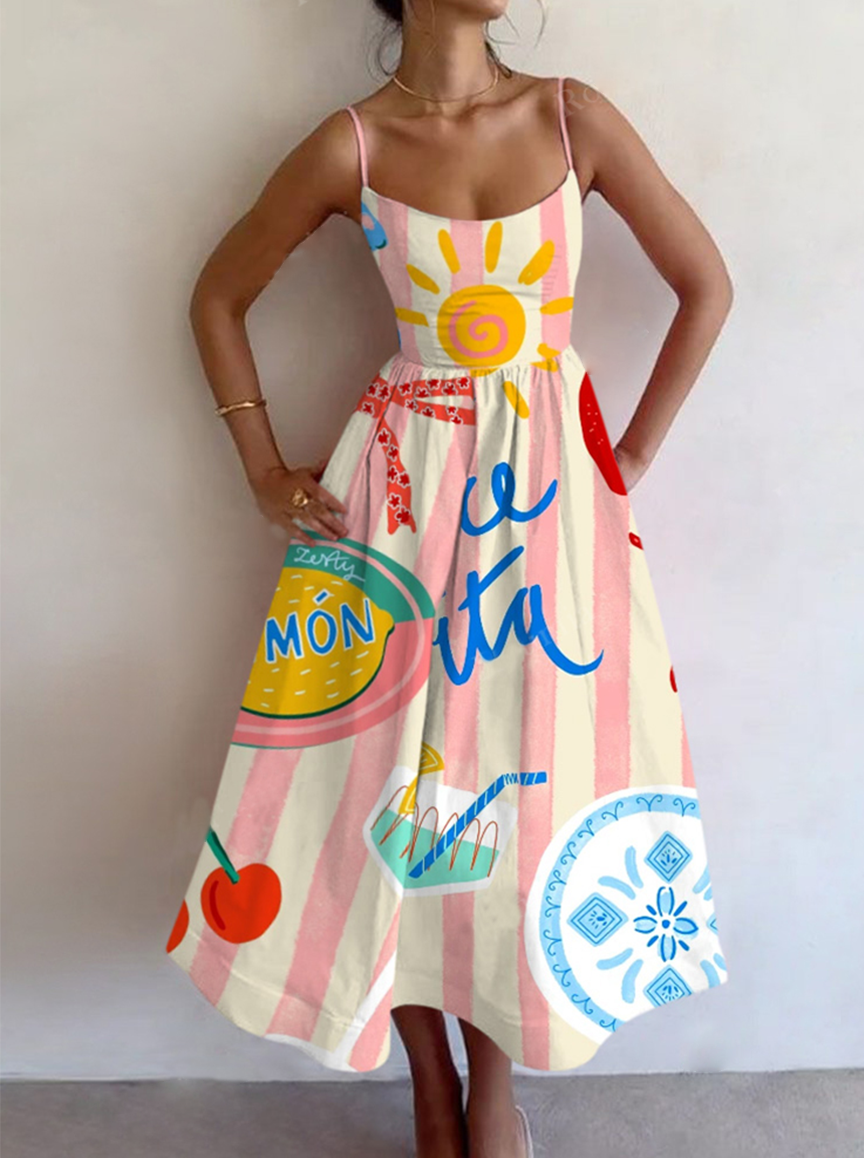Summer Seaside Stripe Print Sling Dress
