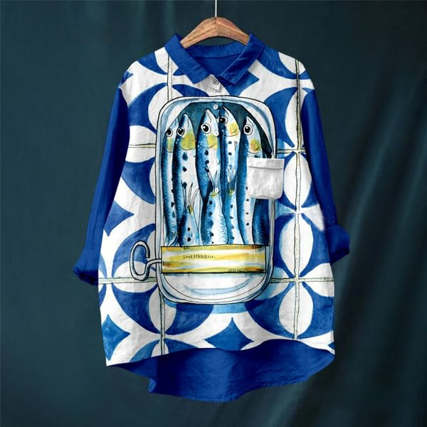 Casual Canned Fish Print Lapel Shirt