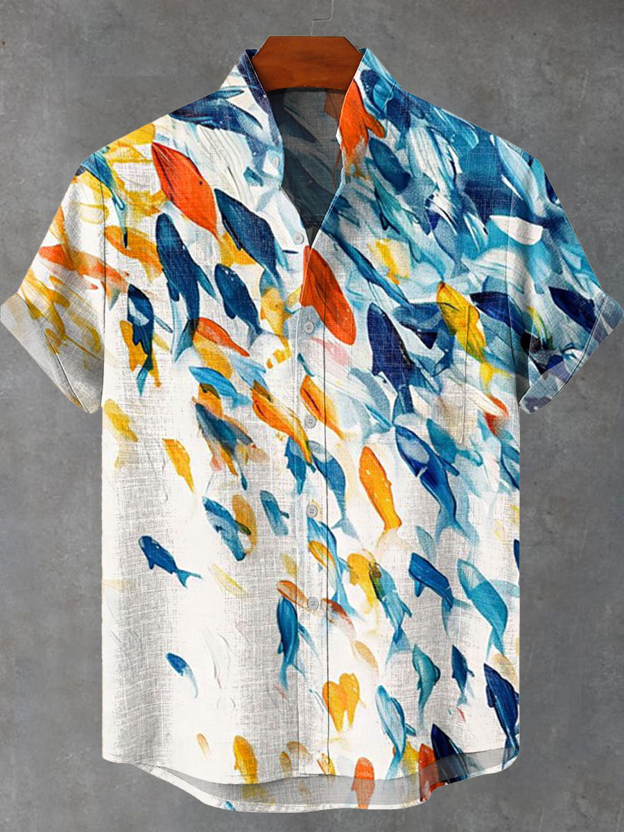 Blue Orange Abstract Fish Shoal Print Casual Shirt