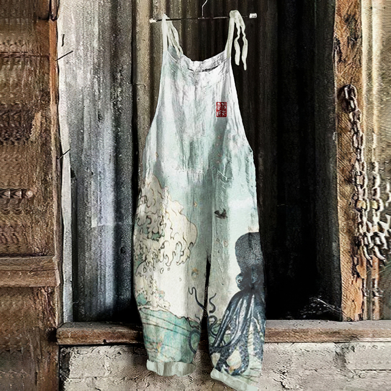 Japanese Art Huge Waves And Octopus Print Loose Casual Jumpsuit