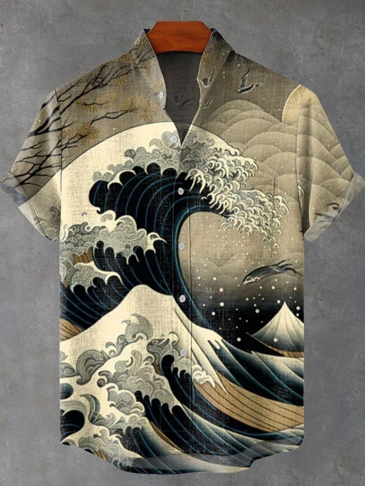 Vintage Japan Ukiyo-e Waves Art Print Casual Shirt