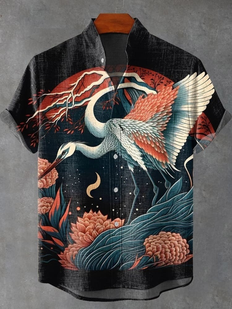 Vintage Japan Ukiyo-e Crane Art Print Casual Shirt