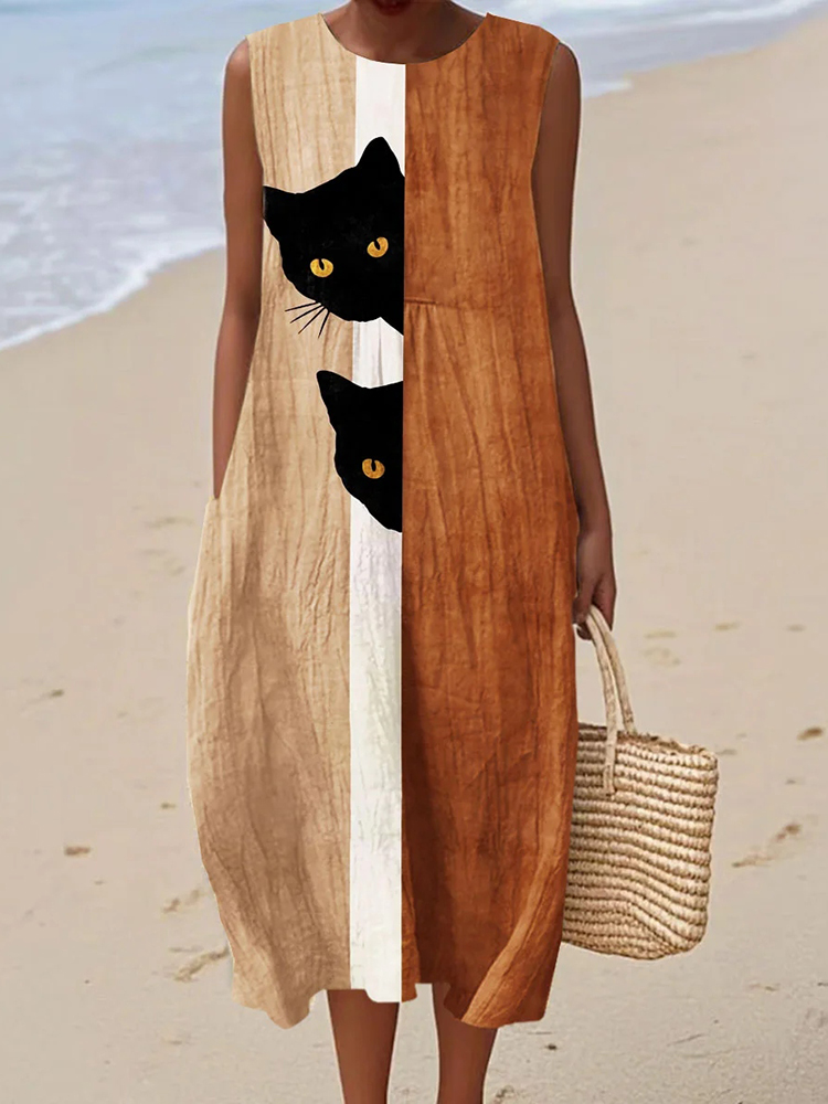 Women's Vintage Abstract Geometric Black Cat Art Linen Tank Midi Dress
