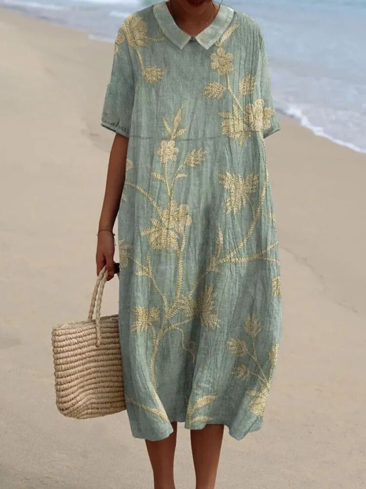 Women's Vintage Lovely Floral Art Print Casual Pocket Linen Dress（Convertible Dress With Front And Back Option）