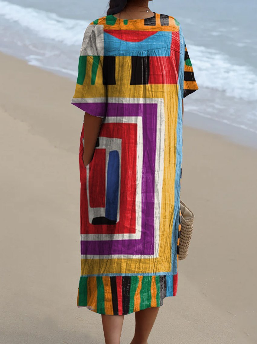 Women's Abstract Geometry Watercolor Splash Fluid Art Print Flowy Dress