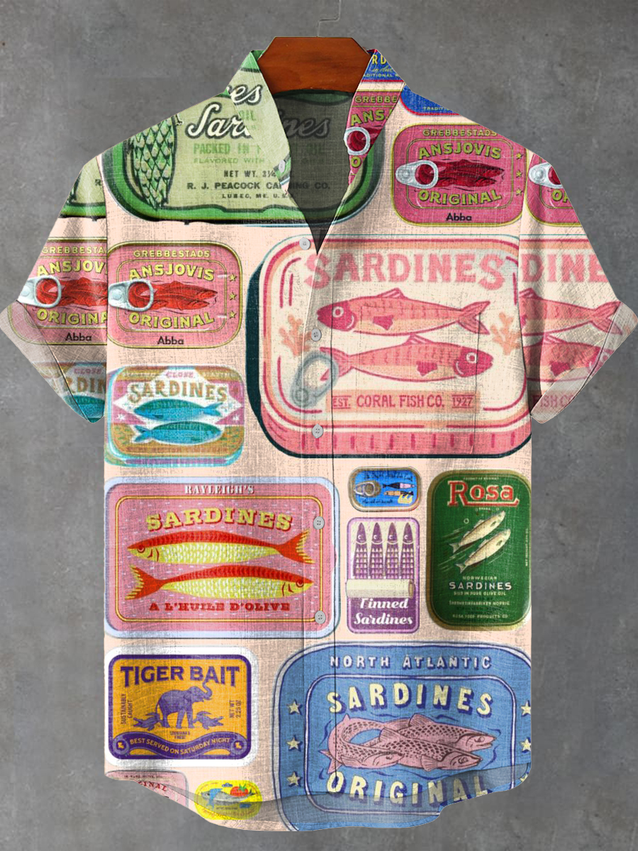 Vintage Pink sardines Canned fish Print Casual Shirt
