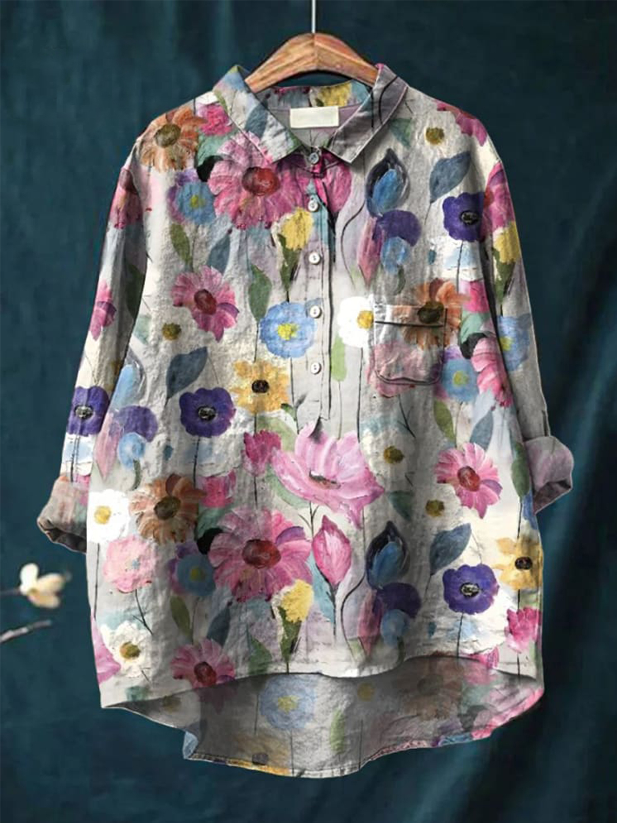 Women's Colourful Textured Floral Print Casual Cotton And Linen Shirt