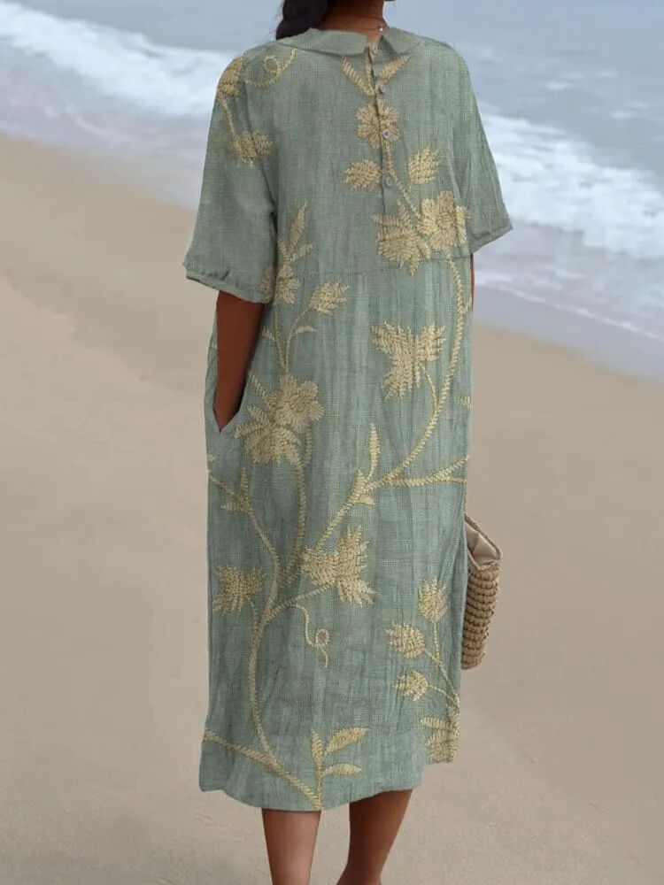 Women's Vintage Lovely Floral Art Print Casual Pocket Linen Dress（Convertible Dress With Front And Back Option）