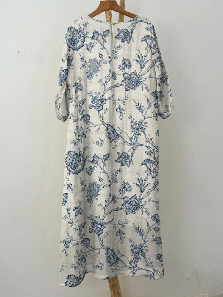 Women's Blue Vintage Curly Floral Print Pocket Cotton Dress