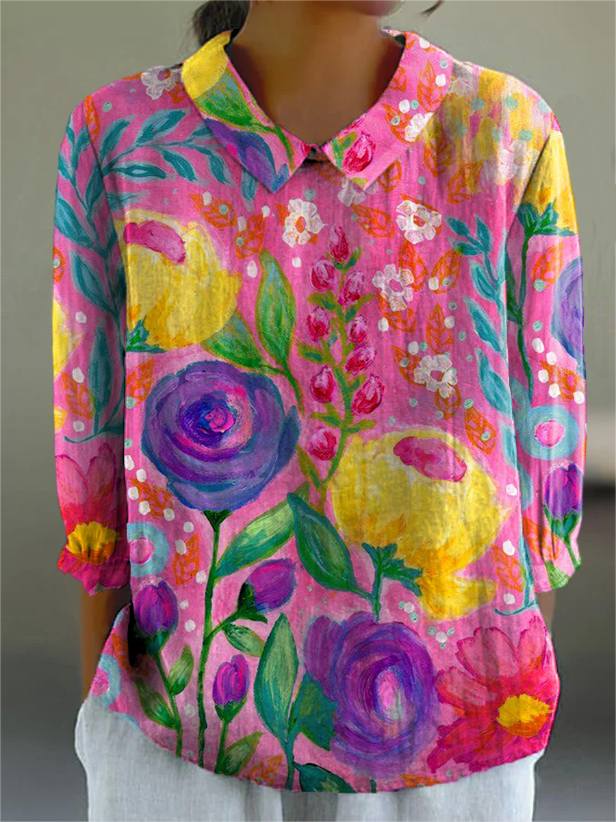 Oil Pastel Summer Floral Art Printed Women's Casual 3/4 Sleeve Shirt