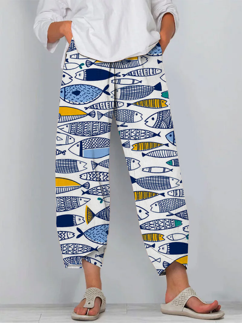 Ocean Fish Art Print Cropped Pants
