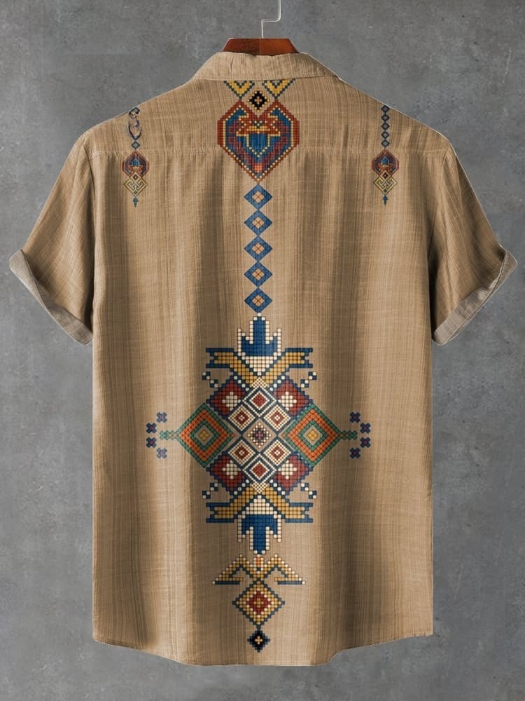 Retro Ethnic Geometric Floral Pattern Printed Casual Shirt