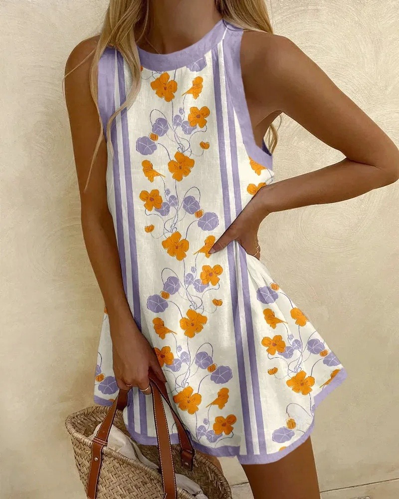 Purple Flower Print Mini Dress