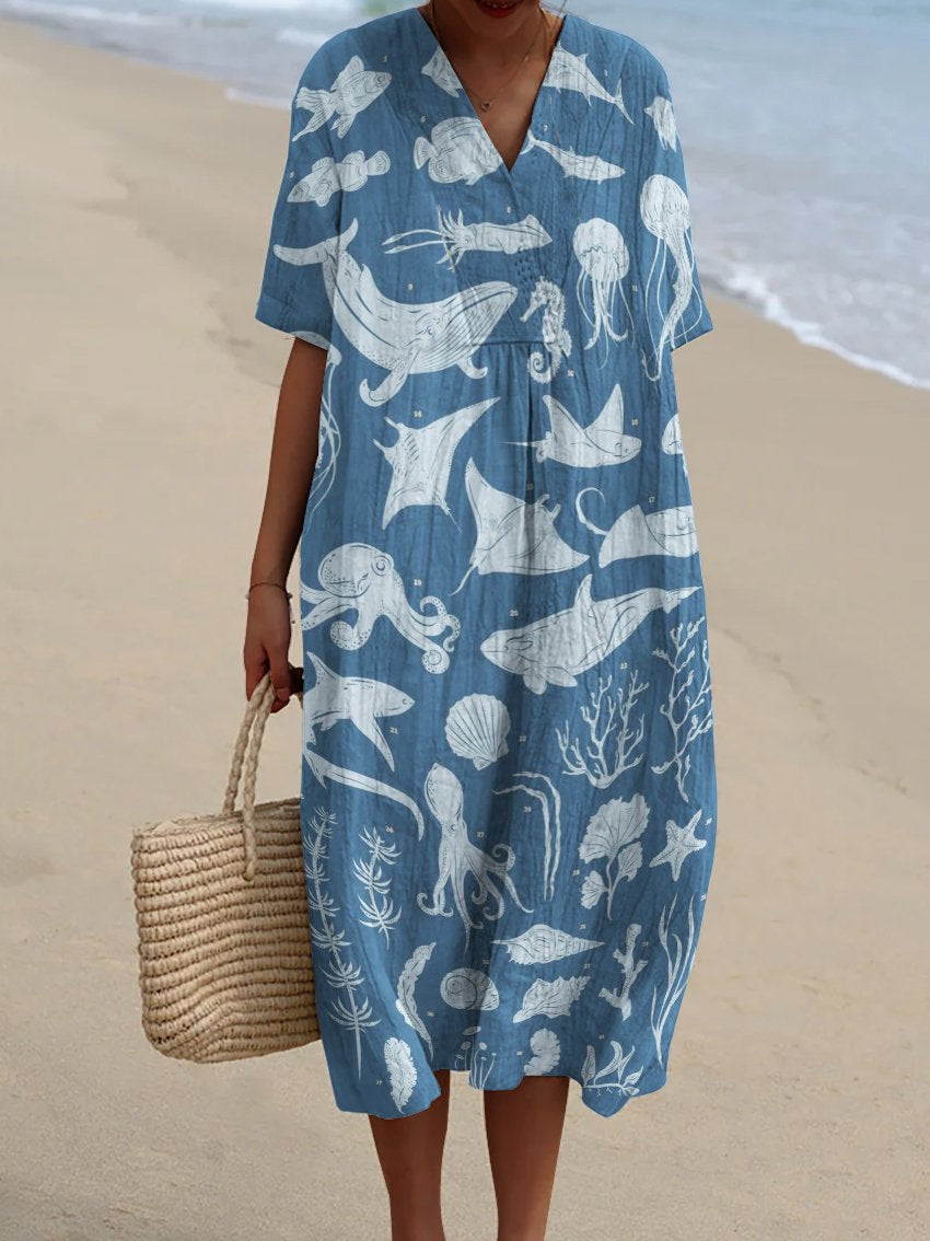 Blue Sea Creatures Decorative Pattern Flowy Dress
