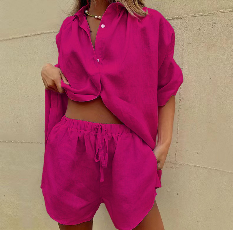 Solid Color Single-Breasted Short-Sleeve Shirt Two-Piece Set: Wide-Leg Pants & Lace-Up Shorts