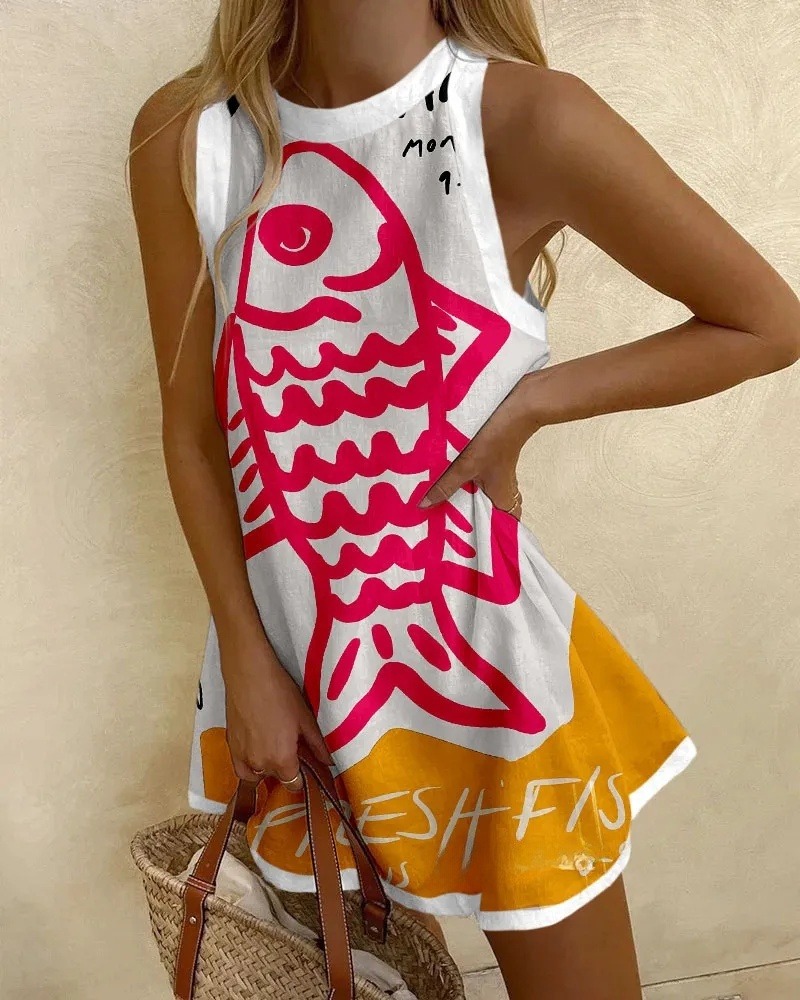 Abstract Fish Print Wave Edge Mini Dress